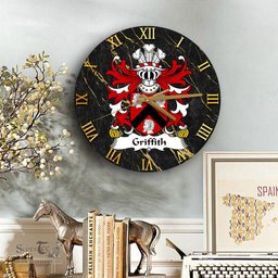 ScotsTee Shop Welsh Griffith of Penrhyn descended from Gwilym Coat of Arms Family Crest Wales Wooden Wall Clock Black and Gold Marble Wall Clock