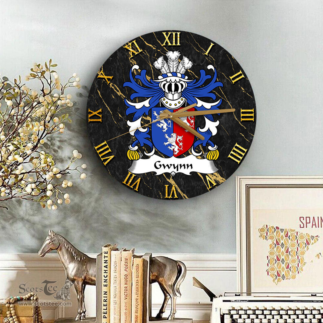 ScotsTee Shop Welsh Gwynn of Glamorganshire Coat of Arms Family Crest Wales Wooden Wall Clock Black and Gold Marble Wall Clock
