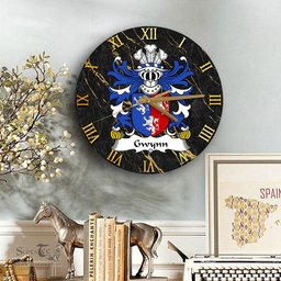 ScotsTee Shop Welsh Gwynn of Glamorganshire Coat of Arms Family Crest Wales Wooden Wall Clock Black and Gold Marble Wall Clock