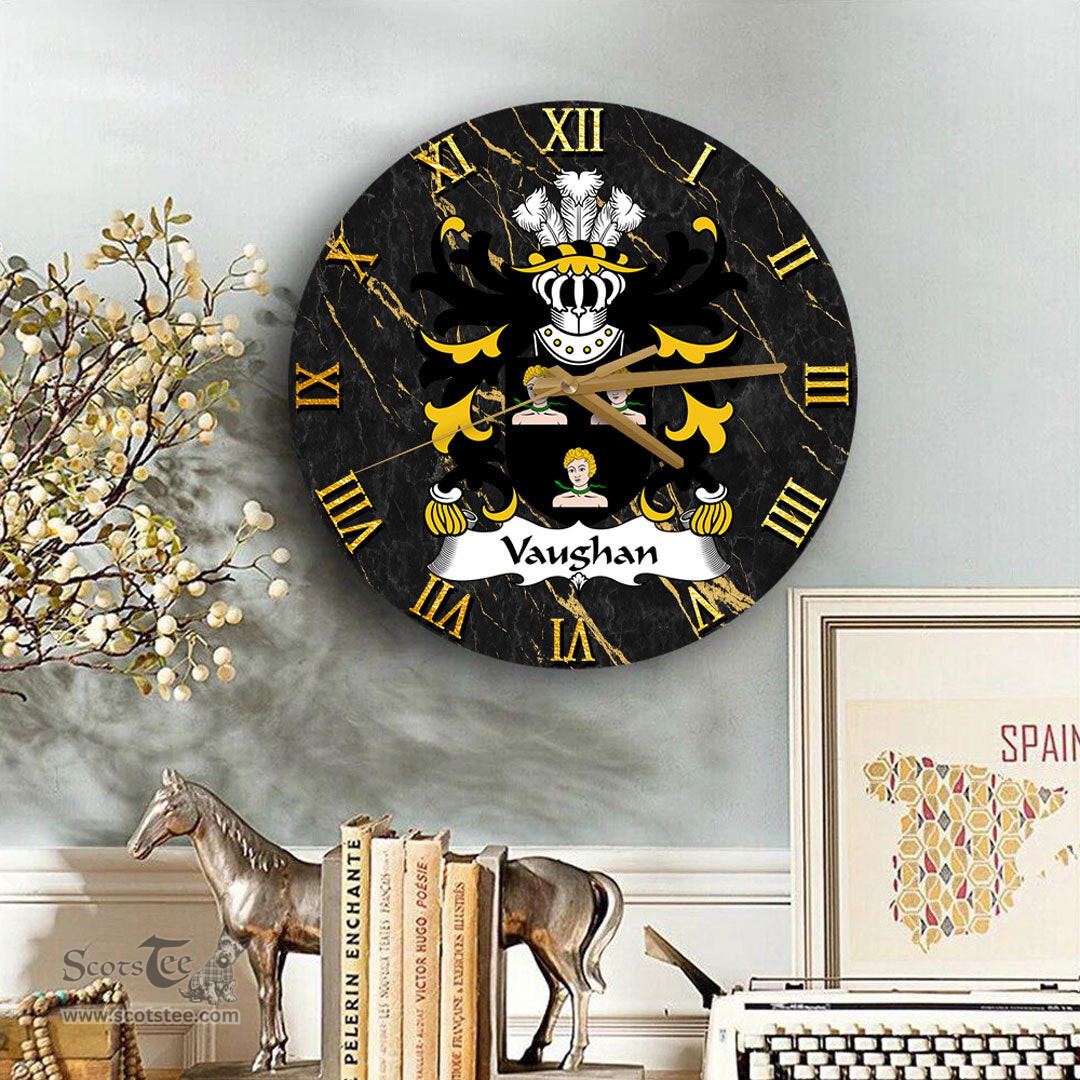 ScotsTee Shop Welsh Vaughan of Breconshire Coat of Arms Family Crest Wales Wooden Wall Clock Black and Gold Marble Wall Clock