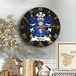 ScotsTee Shop Welsh Spicer of Caernarfonshire Coat of Arms Family Crest Wales Wooden Wall Clock Black and Gold Marble Wall Clock