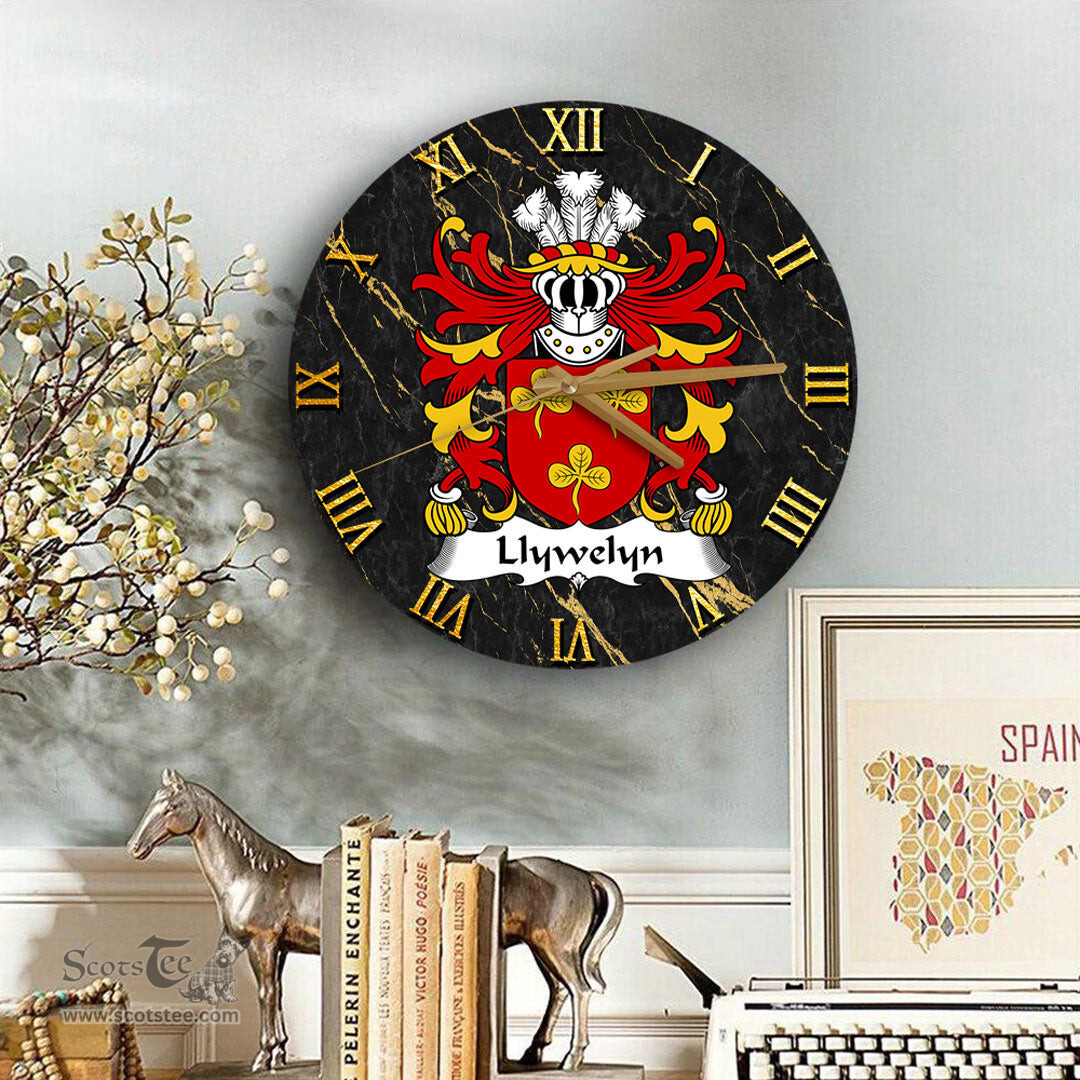 ScotsTee Shop Welsh Llywelyn DYFARCH Coat of Arms Family Crest Wales Wooden Wall Clock Black and Gold Marble Wall Clock