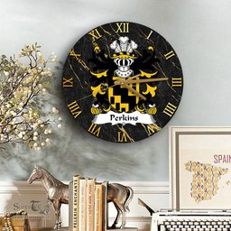 ScotsTee Shop Welsh Perkins of Pilston Monmouthshire Coat of Arms Family Crest Wales Wooden Wall Clock Black and Gold Marble Wall Clock