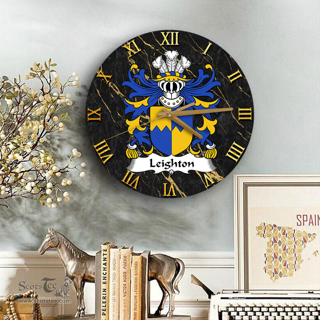 ScotsTee Shop Welsh Leighton of Leighton Shropshire Coat of Arms Family Crest Wales Wooden Wall Clock Black and Gold Marble Wall Clock