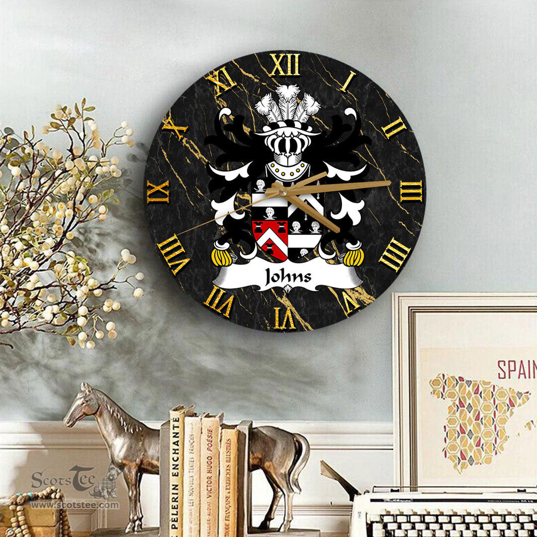 ScotsTee Shop Welsh Johns Sir Hugh of Swansea Coat of Arms Family Crest Wales Wooden Wall Clock Black and Gold Marble Wall Clock