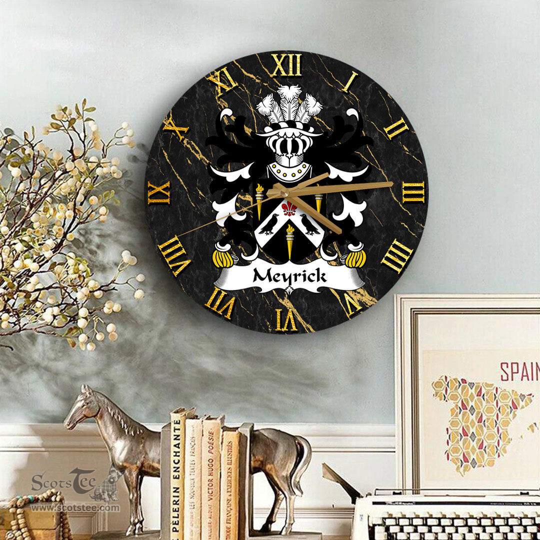 ScotsTee Shop Welsh Meyrick of Bodorgan Anglesey Coat of Arms Family Crest Wales Wooden Wall Clock Black and Gold Marble Wall Clock