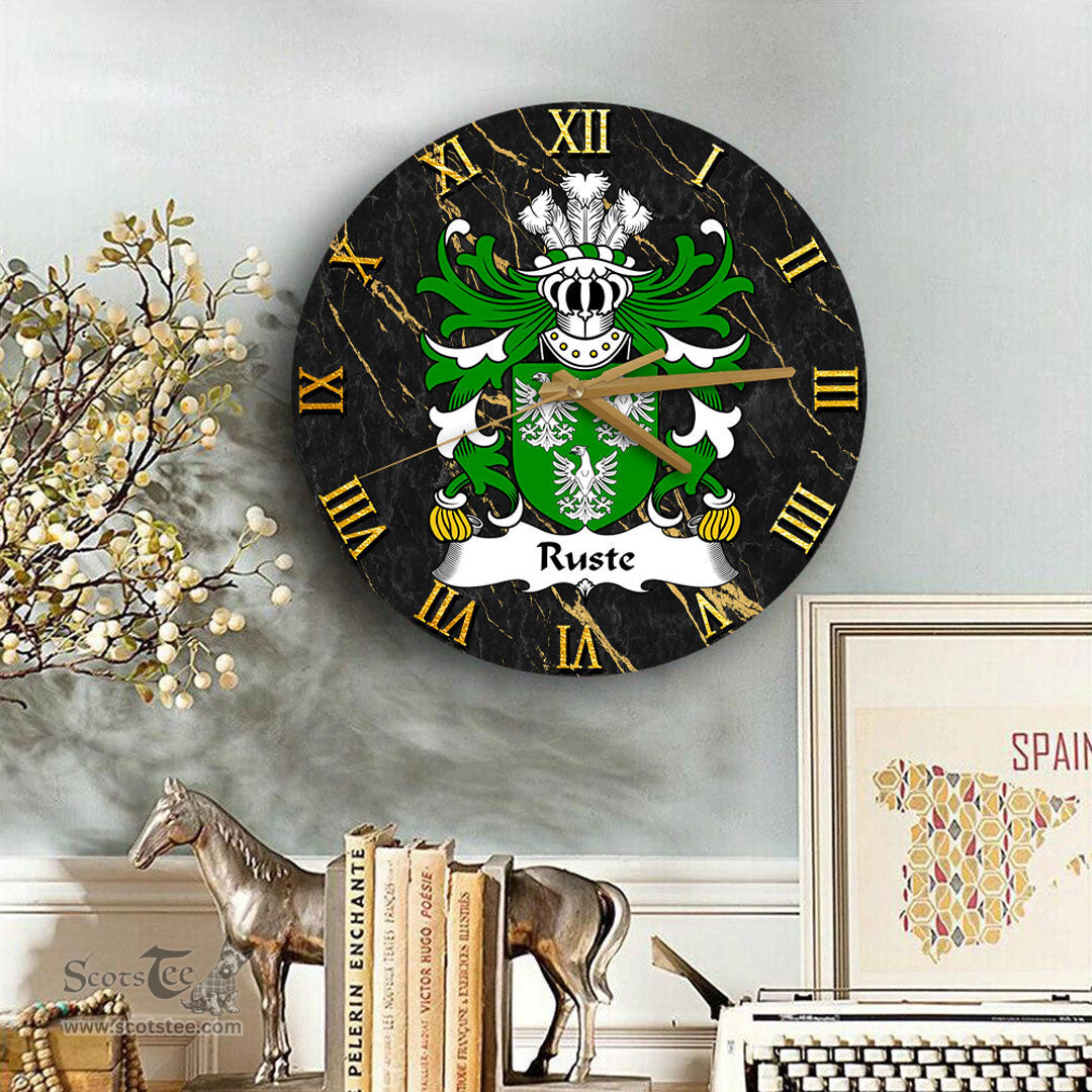 ScotsTee Shop Welsh Ruste of Abergwili Carmarthenshire Coat of Arms Family Crest Wales Wooden Wall Clock Black and Gold Marble Wall Clock