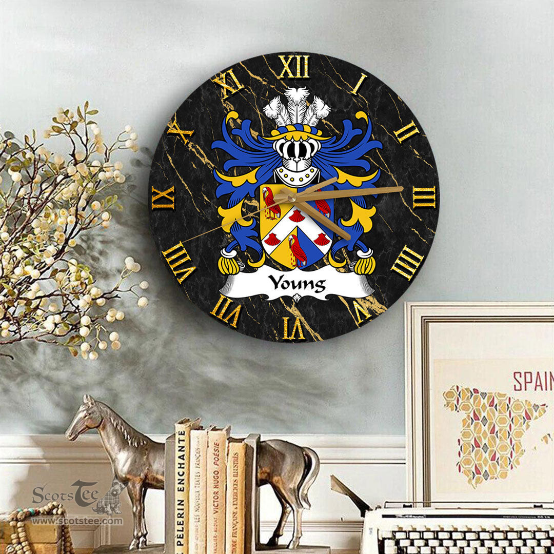 ScotsTee Shop Welsh Young Bishop of St. Davids Coat of Arms Family Crest Wales Wooden Wall Clock Black and Gold Marble Wall Clock