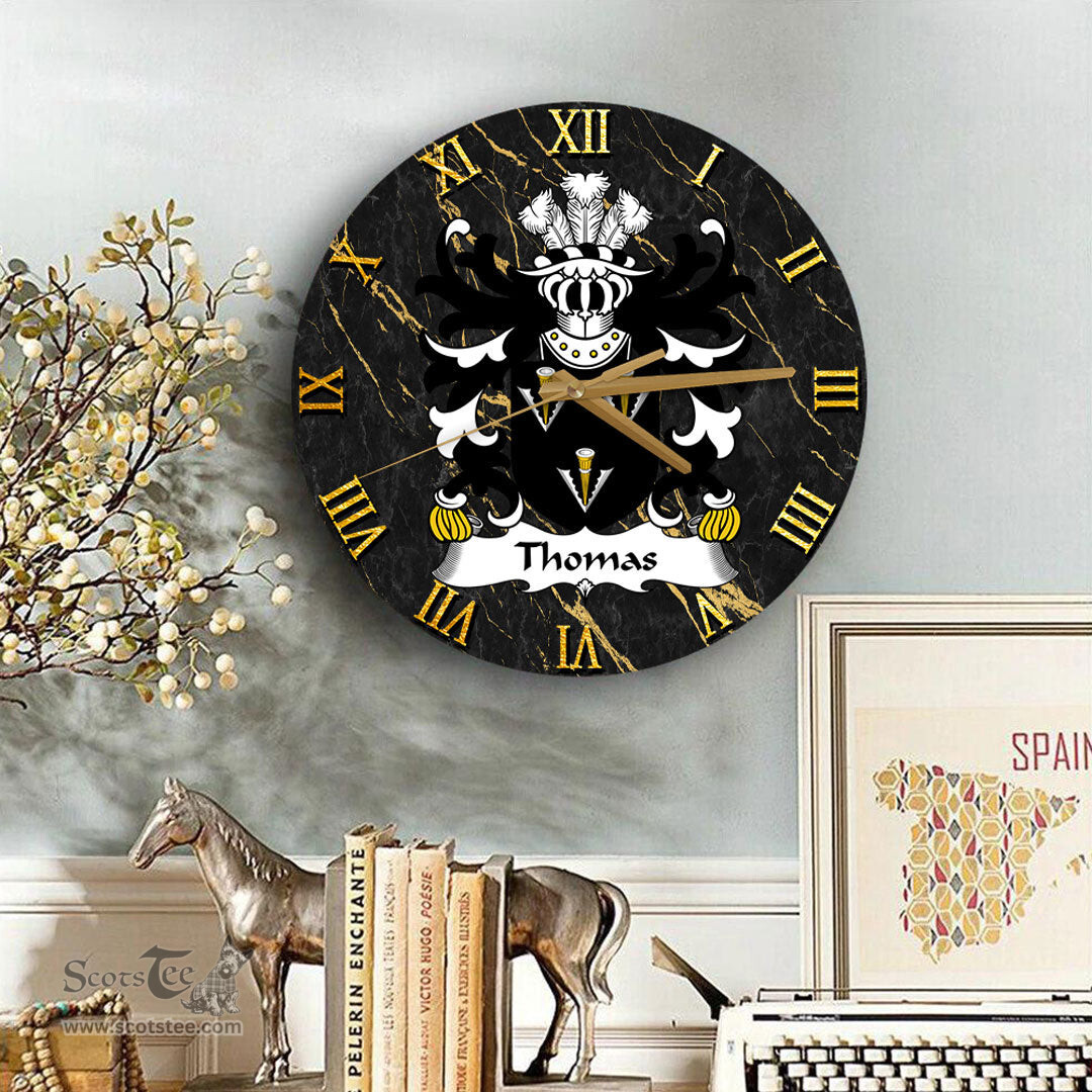 ScotsTee Shop Welsh Thomas of Monmouthshire Coat of Arms Family Crest Wales Wooden Wall Clock Black and Gold Marble Wall Clock