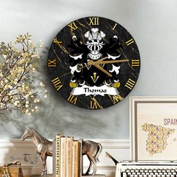 ScotsTee Shop Welsh Thomas of Monmouthshire Coat of Arms Family Crest Wales Wooden Wall Clock Black and Gold Marble Wall Clock