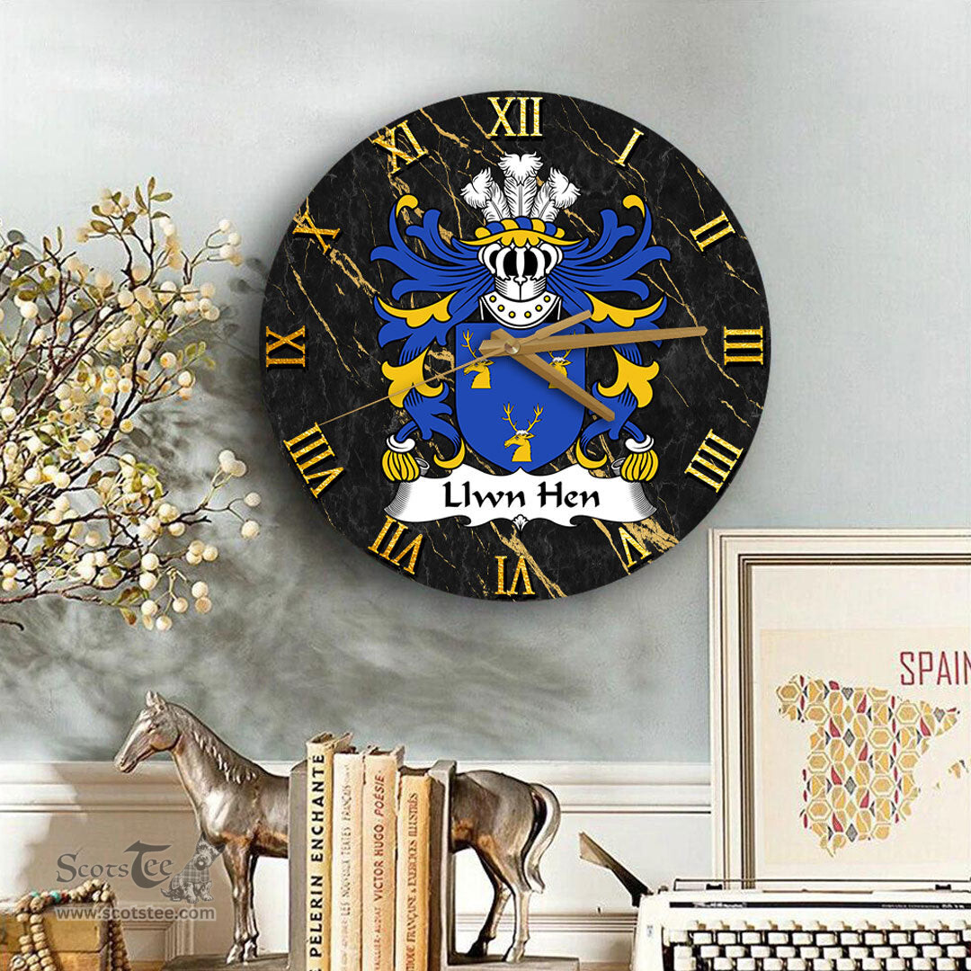 ScotsTee Shop Welsh Llwn Hen ancestor of Gwynfardd Coat of Arms Family Crest Wales Wooden Wall Clock Black and Gold Marble Wall Clock