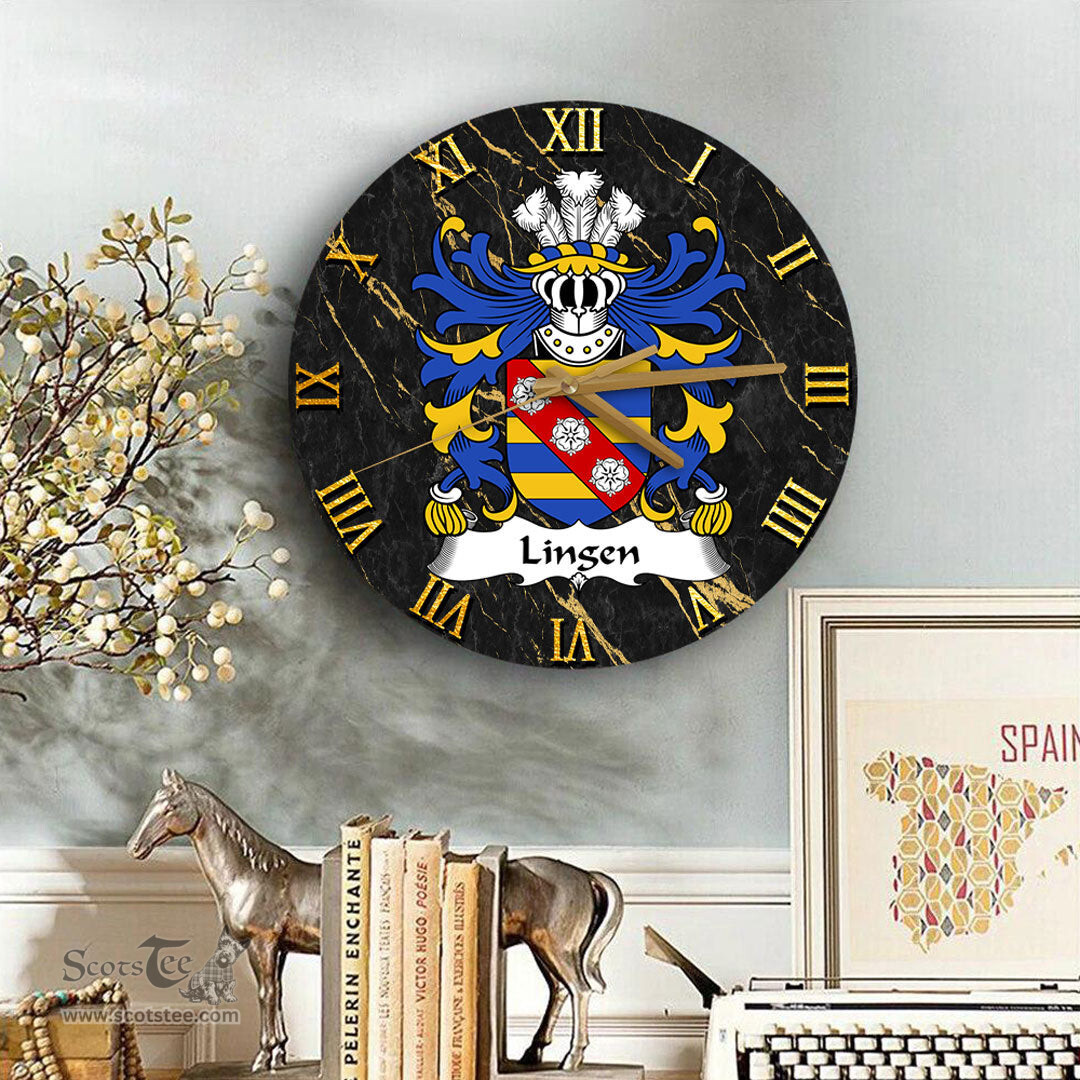 ScotsTee Shop Welsh Lingen of Lingen Herefordshire Coat of Arms Family Crest Wales Wooden Wall Clock Black and Gold Marble Wall Clock