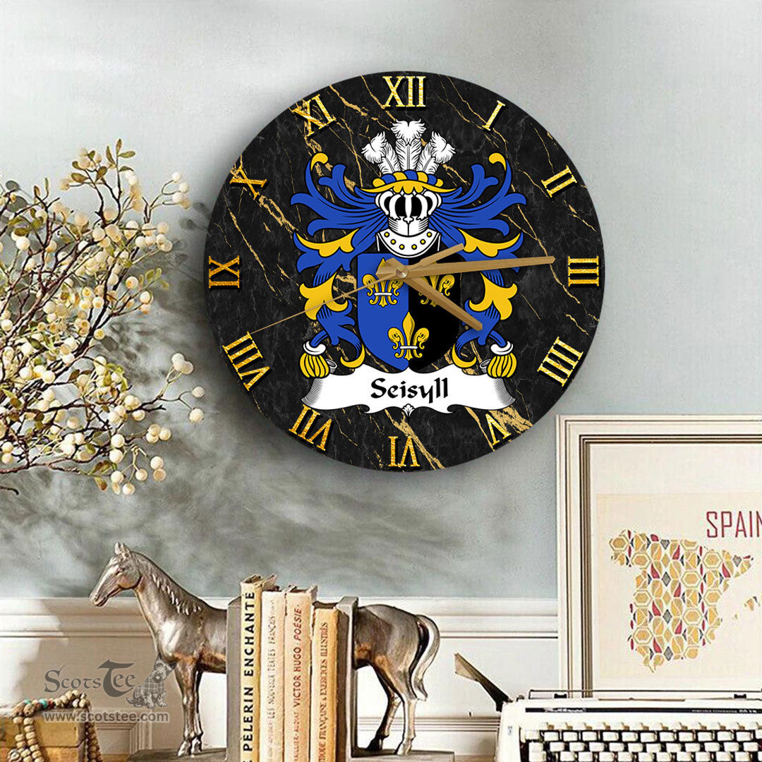 ScotsTee Shop Welsh Seisyll AP DYFNWAL Coat of Arms Family Crest Wales Wooden Wall Clock Black and Gold Marble Wall Clock