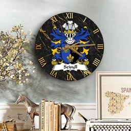 ScotsTee Shop Welsh Seisyll AP DYFNWAL Coat of Arms Family Crest Wales Wooden Wall Clock Black and Gold Marble Wall Clock