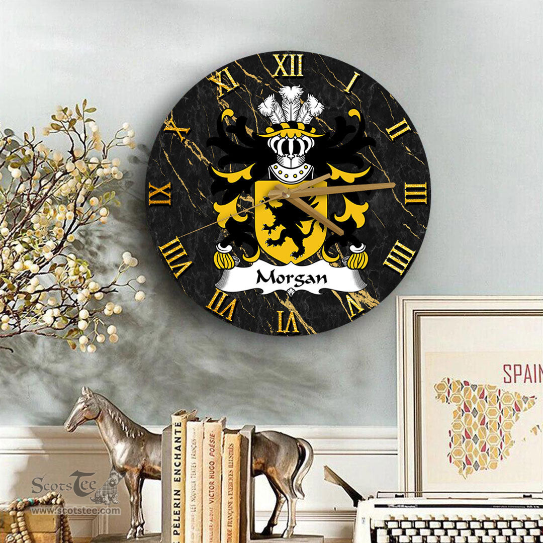 ScotsTee Shop Welsh Morgan AP LLYWELYN of Tredegar Monmouthsire Coat of Arms Family Crest Wales Wooden Wall Clock Black and Gold Marble Wall Clock