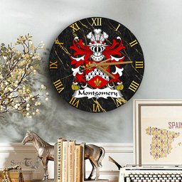 ScotsTee Shop Welsh Montgomery Sir John of Walys Coat of Arms Family Crest Wales Wooden Wall Clock Black and Gold Marble Wall Clock
