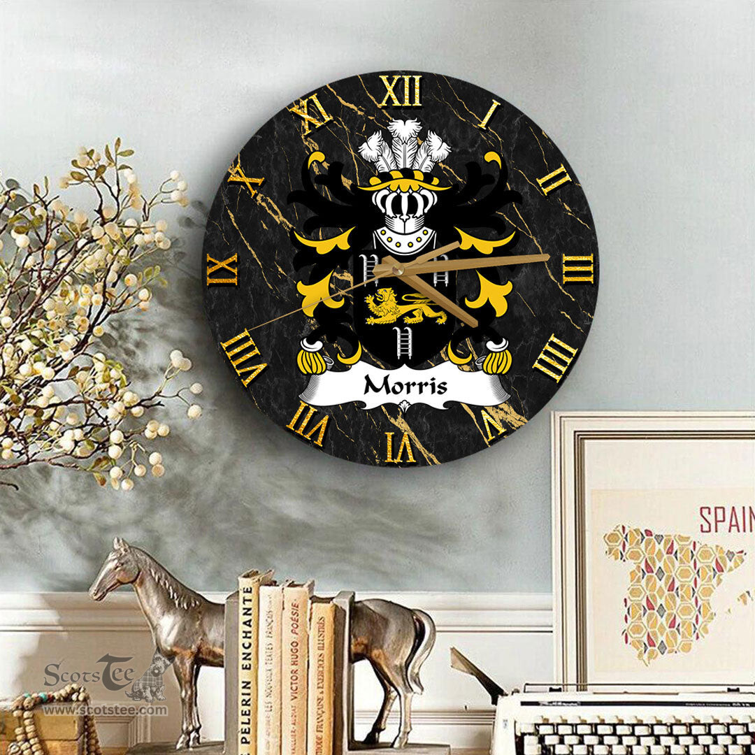 ScotsTee Shop Welsh Morris of Cardiganshire Coat of Arms Family Crest Wales Wooden Wall Clock Black and Gold Marble Wall Clock