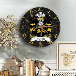 ScotsTee Shop Welsh Morris of Cardiganshire Coat of Arms Family Crest Wales Wooden Wall Clock Black and Gold Marble Wall Clock