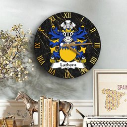 ScotsTee Shop Welsh Lathom of Lleweni Green Denbighshire Coat of Arms Family Crest Wales Wooden Wall Clock Black and Gold Marble Wall Clock