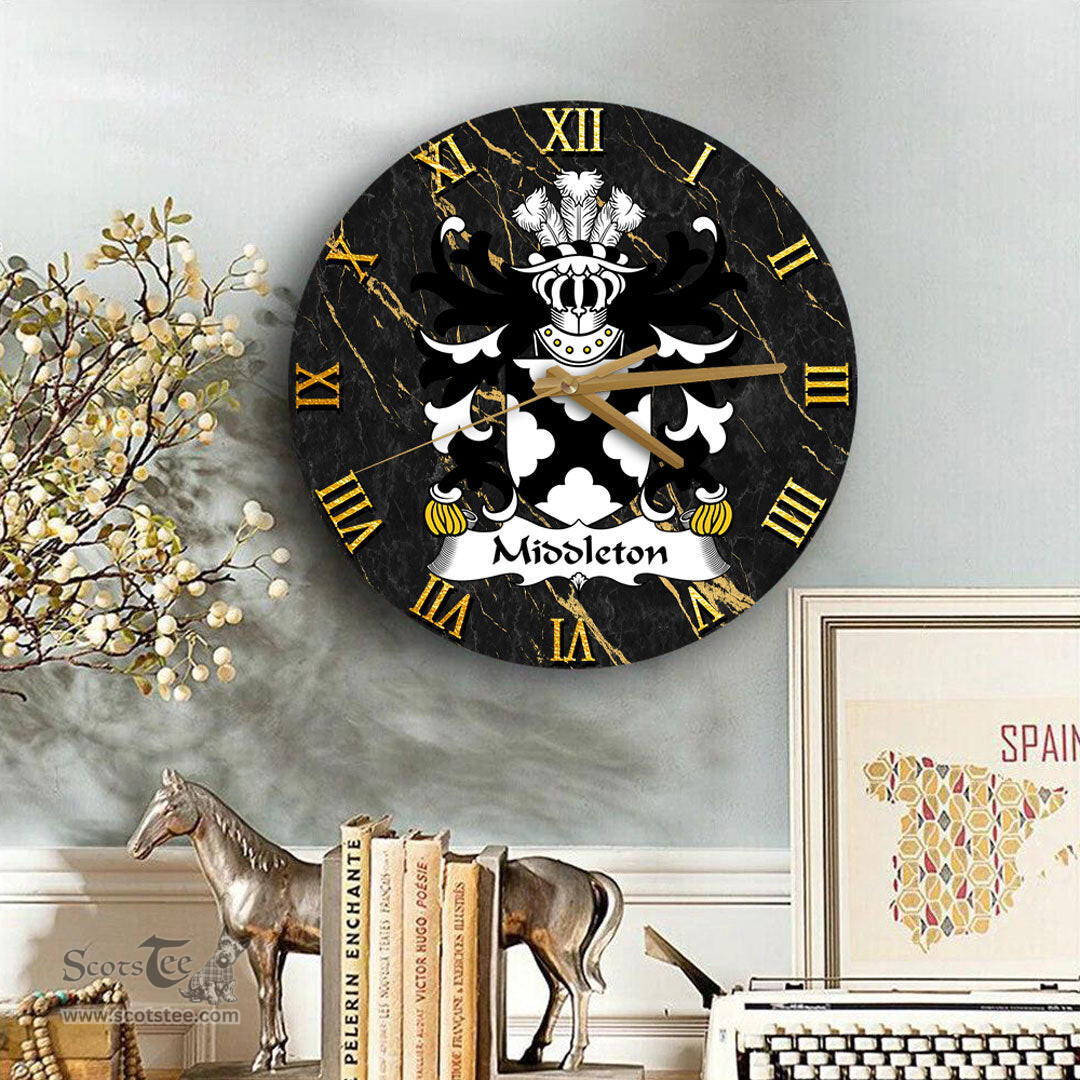 ScotsTee Shop Welsh Middleton Marmaduke Bishop of St. Davids Coat of Arms Family Crest Wales Wooden Wall Clock Black and Gold Marble Wall Clock