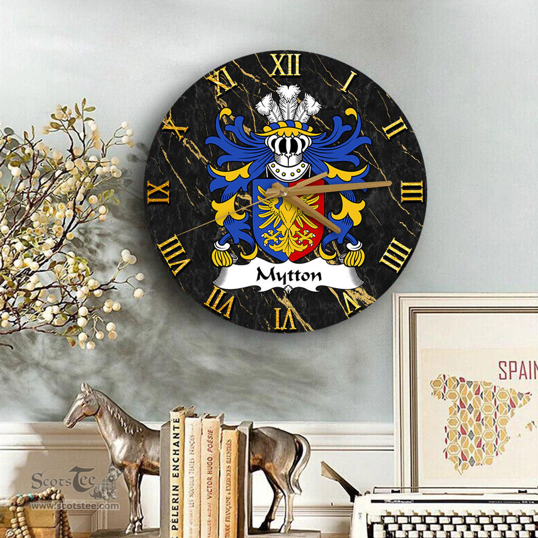 ScotsTee Shop Welsh Mytton lords of Mawddwy Coat of Arms Family Crest Wales Wooden Wall Clock Black and Gold Marble Wall Clock