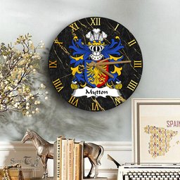 ScotsTee Shop Welsh Mytton lords of Mawddwy Coat of Arms Family Crest Wales Wooden Wall Clock Black and Gold Marble Wall Clock