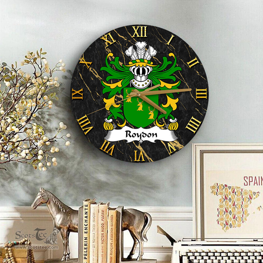 ScotsTee Shop Welsh Roydon of Is Coed Denbighshire Coat of Arms Family Crest Wales Wooden Wall Clock Black and Gold Marble Wall Clock