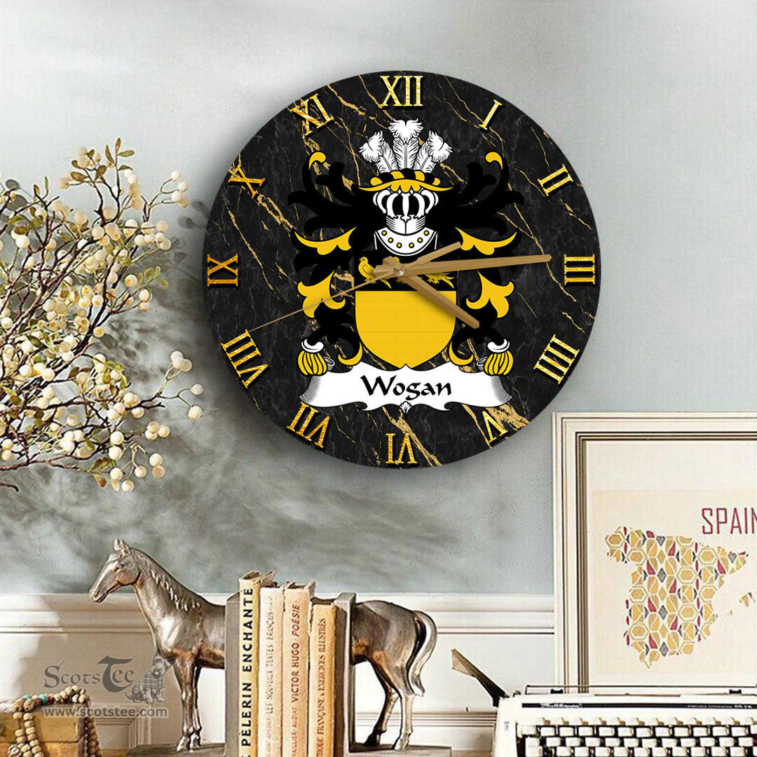ScotsTee Shop Welsh Wogan of Pembrokeshire Coat of Arms Family Crest Wales Wooden Wall Clock Black and Gold Marble Wall Clock