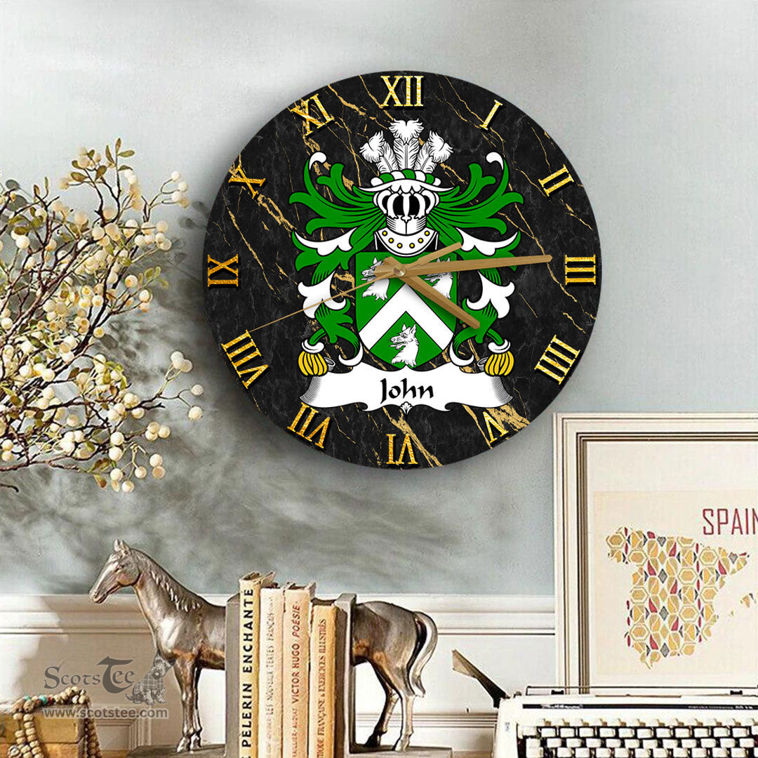 ScotsTee Shop Welsh John AP JENKIN AP MADOG Coat of Arms Family Crest Wales Wooden Wall Clock Black and Gold Marble Wall Clock