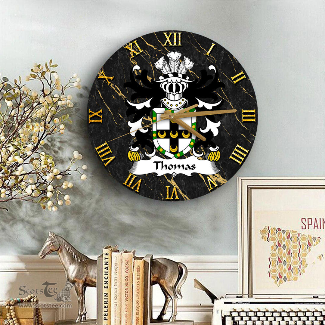 ScotsTee Shop Welsh Thomas of Caernarfonshire Coat of Arms Family Crest Wales Wooden Wall Clock Black and Gold Marble Wall Clock