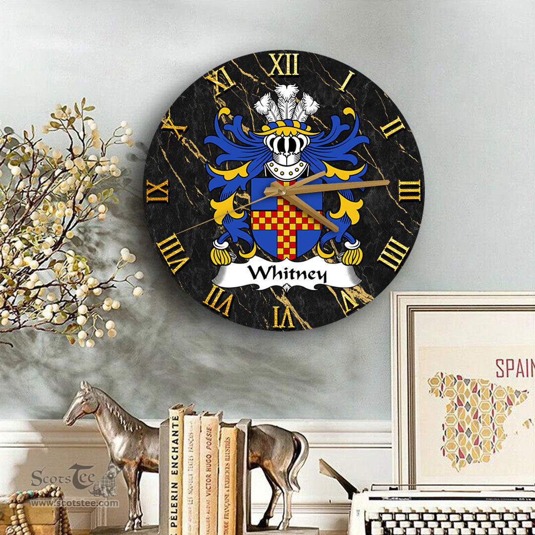ScotsTee Shop Welsh Whitney of Herefordshire Coat of Arms Family Crest Wales Wooden Wall Clock Black and Gold Marble Wall Clock