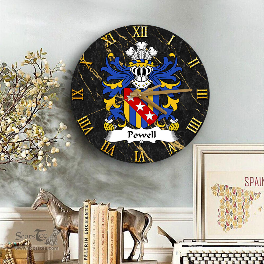 ScotsTee Shop Welsh Powell or POUUEL Sir Hywel ap Hywel Coat of Arms Family Crest Wales Wooden Wall Clock Black and Gold Marble Wall Clock