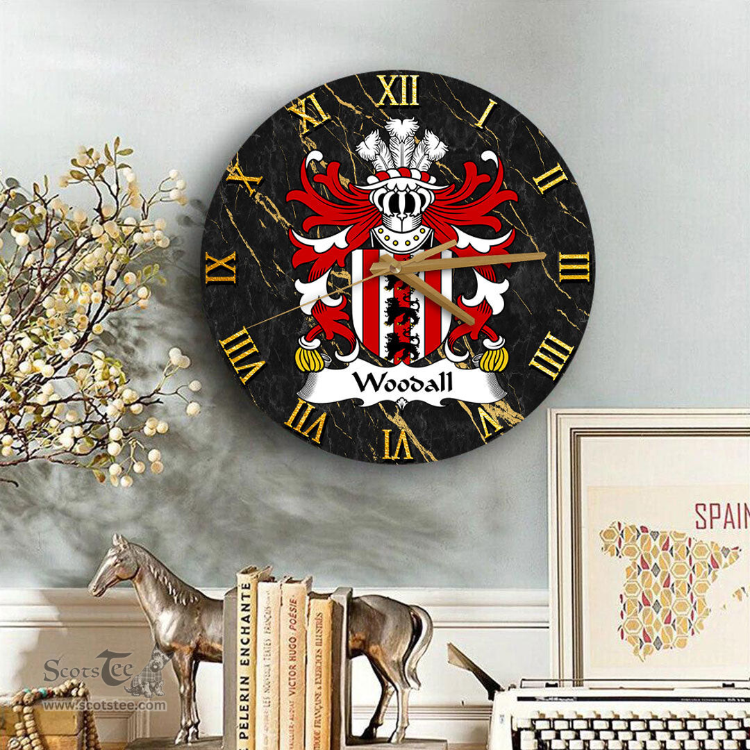 ScotsTee Shop Welsh Woodall or Wodehall of Flint Coat of Arms Family Crest Wales Wooden Wall Clock Black and Gold Marble Wall Clock