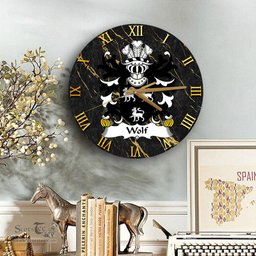 ScotsTee Shop Welsh Wolf of Wolvesnewton and Usk Monmouthshire Coat of Arms Family Crest Wales Wooden Wall Clock Black and Gold Marble Wall Clock