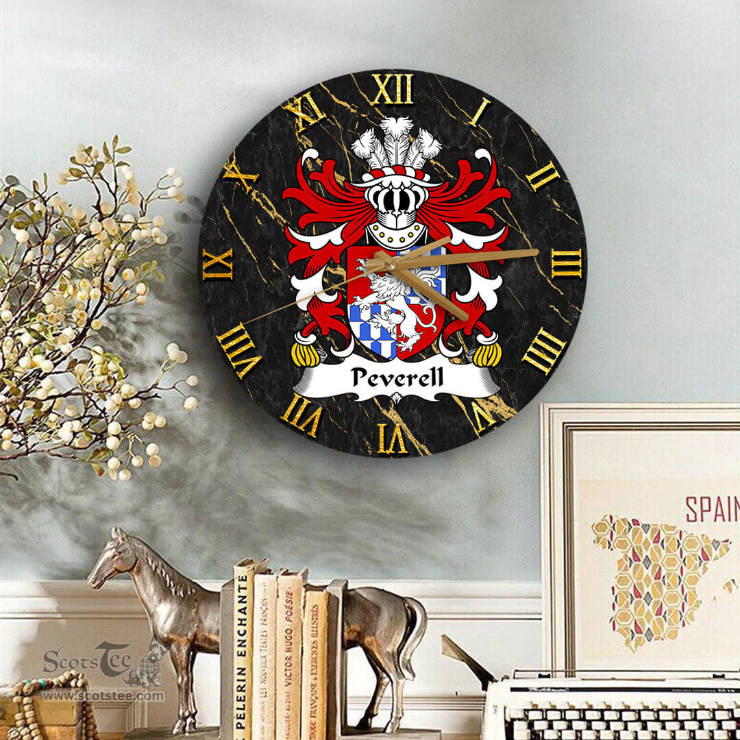 ScotsTee Shop Welsh Peverell of Pembrokeshire Coat of Arms Family Crest Wales Wooden Wall Clock Black and Gold Marble Wall Clock