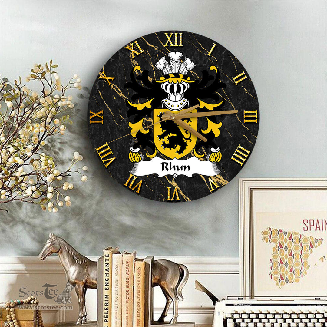 ScotsTee Shop Welsh Rhun AP GRONWY Coat of Arms Family Crest Wales Wooden Wall Clock Black and Gold Marble Wall Clock