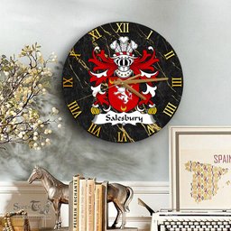 ScotsTee Shop Welsh Salesbury of Lleweni Denbighshire Coat of Arms Family Crest Wales Wooden Wall Clock Black and Gold Marble Wall Clock