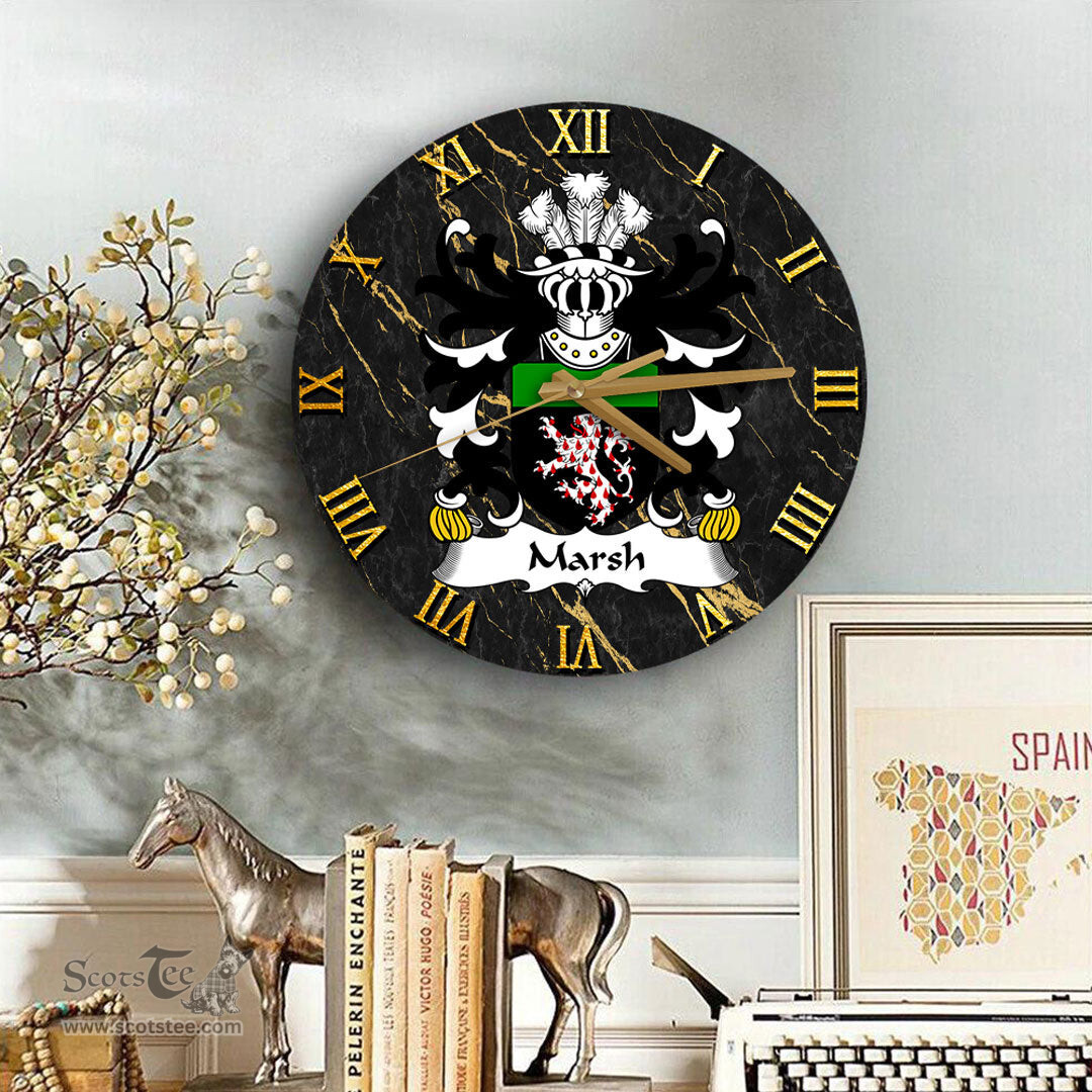 ScotsTee Shop Welsh Marsh of Flint Coat of Arms Family Crest Wales Wooden Wall Clock Black and Gold Marble Wall Clock