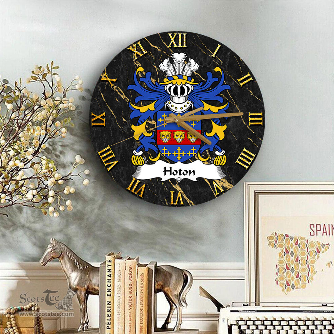 ScotsTee Shop Welsh Hoton or Houghton of Pembrokeshire Coat of Arms Family Crest Wales Wooden Wall Clock Black and Gold Marble Wall Clock
