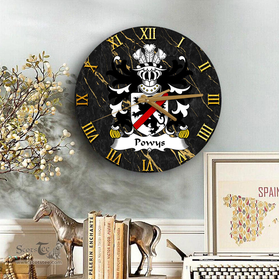 ScotsTee Shop Welsh Powys FADOG Princes of Northern Powys Coat of Arms Family Crest Wales Wooden Wall Clock Black and Gold Marble Wall Clock