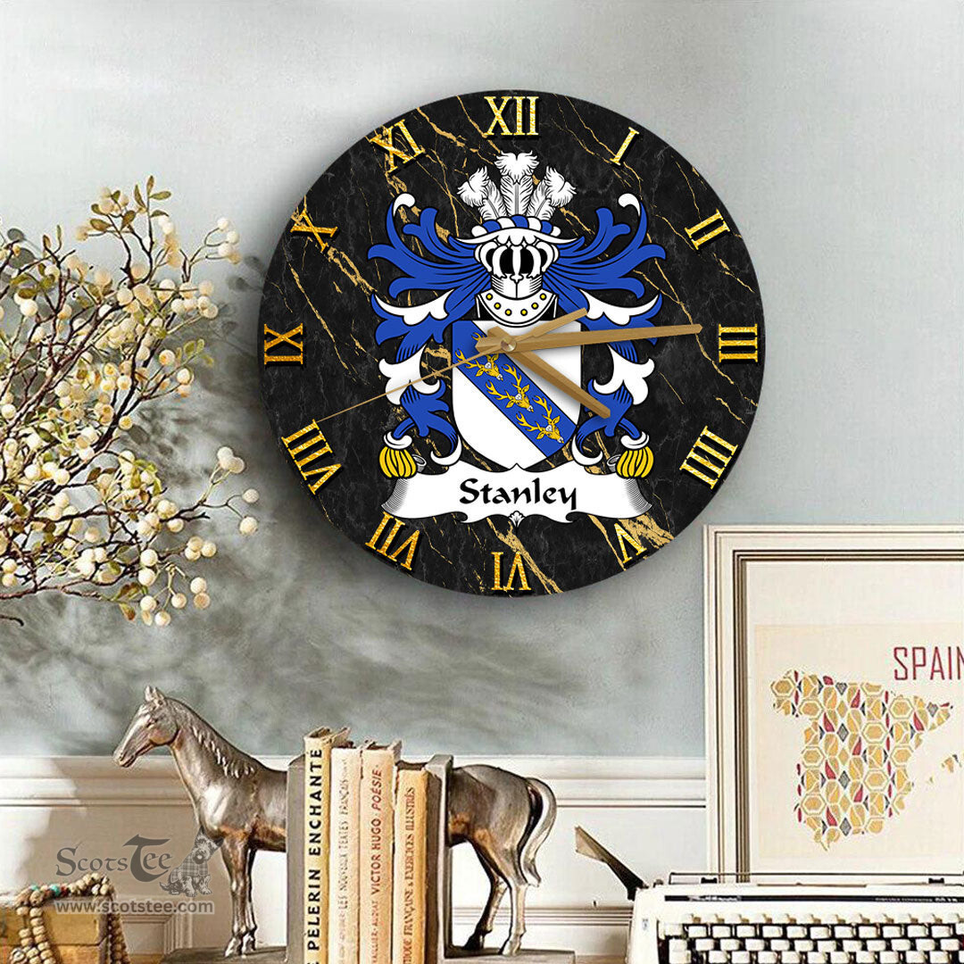 ScotsTee Shop Welsh Stanley of Ewloe Flint Coat of Arms Family Crest Wales Wooden Wall Clock Black and Gold Marble Wall Clock