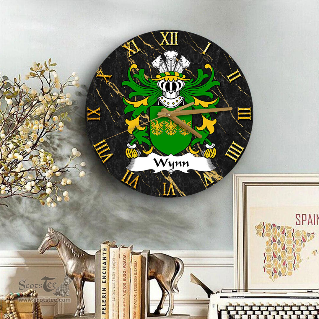 ScotsTee Shop Welsh Wynn of Gwydir Caernonfonshire Coat of Arms Family Crest Wales Wooden Wall Clock Black and Gold Marble Wall Clock