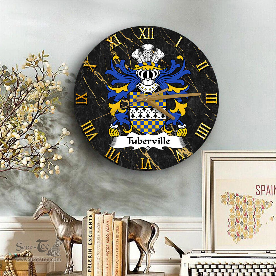 ScotsTee Shop Welsh Tuberville of Coetry Glamorgan Coat of Arms Family Crest Wales Wooden Wall Clock Black and Gold Marble Wall Clock