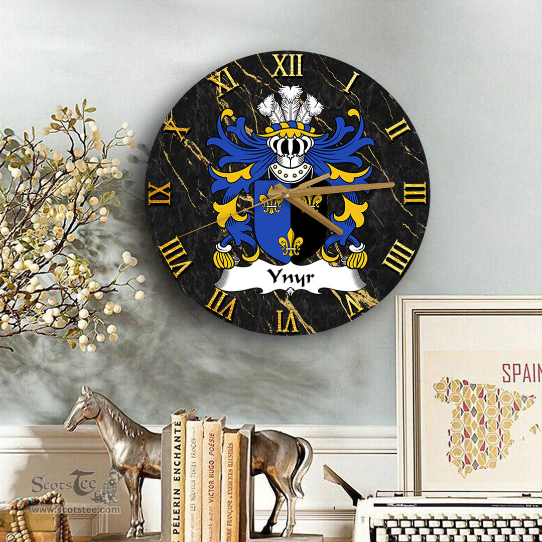 ScotsTee Shop Welsh Ynyr GWENT King of Coat of Arms Family Crest Wales Wooden Wall Clock Black and Gold Marble Wall Clock