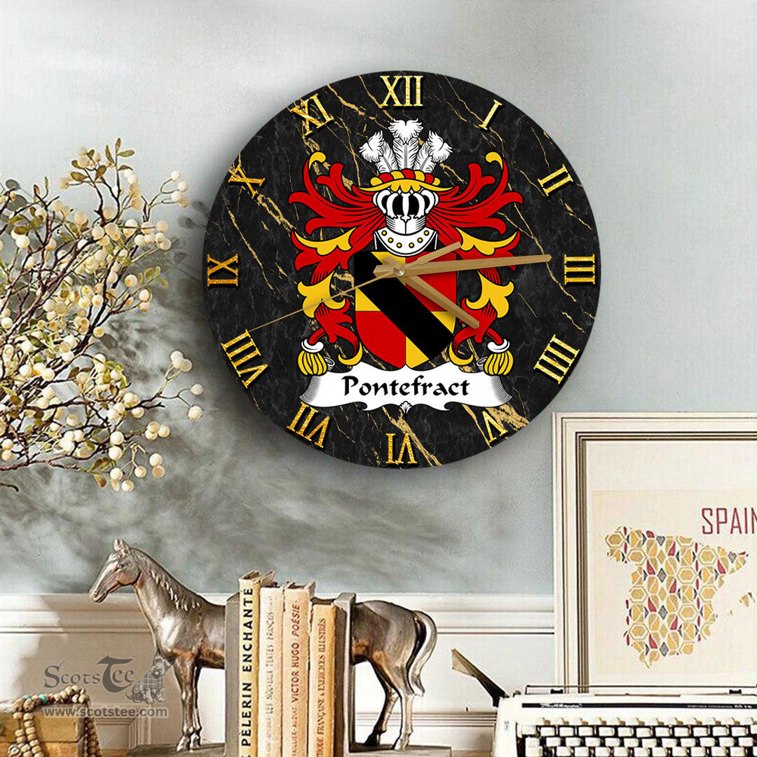 ScotsTee Shop Welsh Pontefract of Denbighshire Coat of Arms Family Crest Wales Wooden Wall Clock Black and Gold Marble Wall Clock