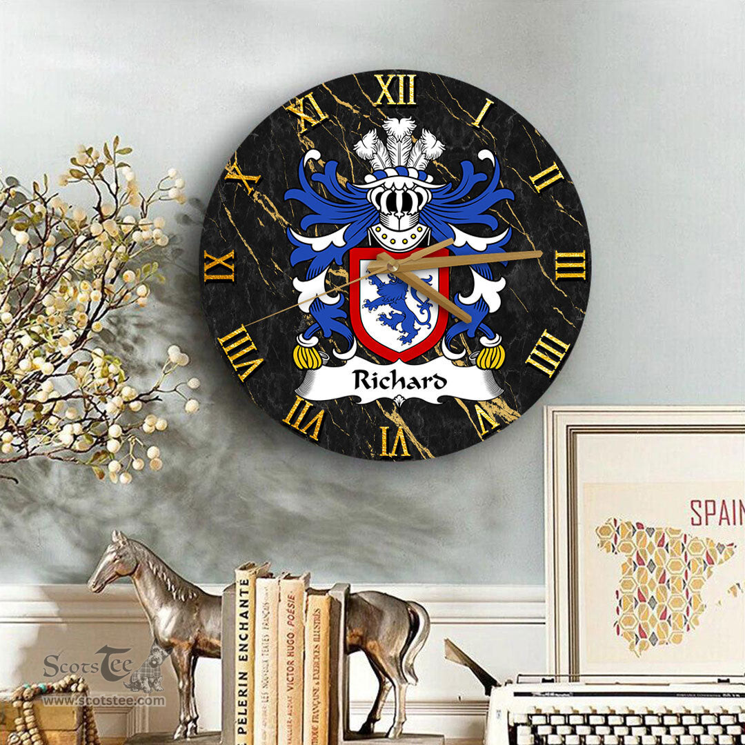 ScotsTee Shop Welsh Richard IARLL KLAR Earl of Clare Coat of Arms Family Crest Wales Wooden Wall Clock Black and Gold Marble Wall Clock
