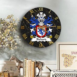 ScotsTee Shop Welsh Richard IARLL KLAR Earl of Clare Coat of Arms Family Crest Wales Wooden Wall Clock Black and Gold Marble Wall Clock