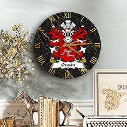 ScotsTee Shop Welsh Owain AP EDWIN or Owen Coat of Arms Family Crest Wales Wooden Wall Clock Black and Gold Marble Wall Clock