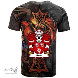 ScotsTee Shop Welsh Arod ap Owain ab Edwin ap Gronwy Coat of Arms Family Crest Wales T Shirt Celtic Cross and Dragon With Sword T Shirt