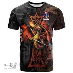 ScotsTee Shop Welsh Almer of Pant locyn Denbighshire Coat of Arms Family Crest Wales T Shirt Celtic Cross and Dragon With Sword T Shirt